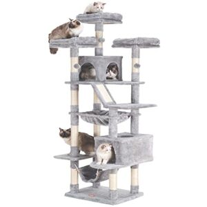 heybly cat tree 73 inches xxl large cat tower for indoor cats ,multi-level cat furniture condo for large cats with padded plush perch, cozy basket and scratching posts light gray hct030w