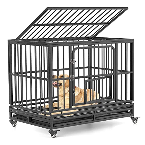 38 inch Heavy Duty Dog Crate | Dog Kennel for Small Medium Large Dog | Strong Metal Escape Proof Dog Cage | Removable Tray & Lockable Wheels