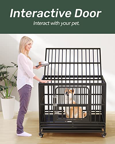 38 inch Heavy Duty Dog Crate | Dog Kennel for Small Medium Large Dog | Strong Metal Escape Proof Dog Cage | Removable Tray & Lockable Wheels