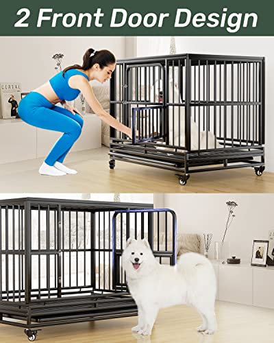 38 inch Heavy Duty Dog Crate | Dog Kennel for Small Medium Large Dog | Strong Metal Escape Proof Dog Cage | Removable Tray & Lockable Wheels