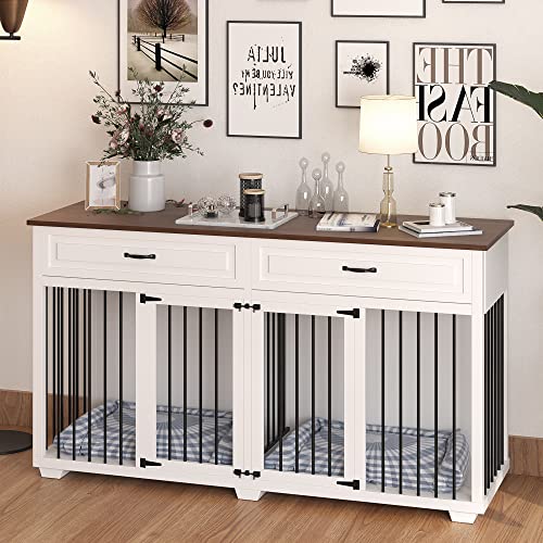 JINLLY Large Dog Crate Furniture, 72.4" Wooden Dog Crate Kennel with 2 Drawers and Divider, XXL Heavy Duty Dog Crates Cage Furniture for Large Dog or 2 Medium Dogs Indoor, White