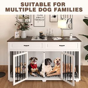 JINLLY Large Dog Crate Furniture, 72.4" Wooden Dog Crate Kennel with 2 Drawers and Divider, XXL Heavy Duty Dog Crates Cage Furniture for Large Dog or 2 Medium Dogs Indoor, White