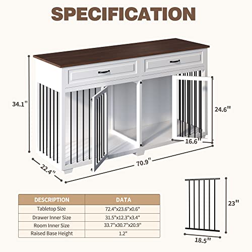 JINLLY Large Dog Crate Furniture, 72.4" Wooden Dog Crate Kennel with 2 Drawers and Divider, XXL Heavy Duty Dog Crates Cage Furniture for Large Dog or 2 Medium Dogs Indoor, White