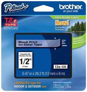 brother genuine p-touch tze-131 tape, 1/2″ (0.47″) standard laminated p-touch tape, black on clear, perfect for indoor or outdoor use, water resistant, 26.2 feet (8m), single-pack