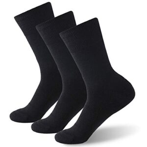 forcool diabetic socks for women, men’s merino wool non binding loose top soft padded cushioned sole seamless toe wide mid calf crew diabetes socks edema socks dress socks, 3 pairs black medium