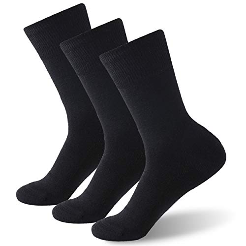 Forcool Diabetic Socks for Women, Men's Merino Wool Non Binding Loose Top Soft Padded Cushioned Sole Seamless Toe Wide Mid Calf Crew Diabetes Socks Edema Socks Dress Socks, 3 Pairs Black Medium