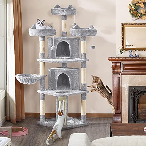 Yaheetech 68.5in Multi-Level Cat Tree Large Cat Tower with Sisal-Covered Scratching Board & Scratching Posts, Cozy Perches, Stable Cat Tower Cat Condo Pet Play House, Light Gray