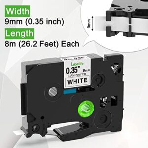 Labelife Compatible Brother P Touch 9mm Label Tape for TZe TZ Tape 9mm 0.35 Laminated White Label Tape TZe-221 TZe221 Work with Brother Ptouch Labeler PT-D210 PT-H110 PT-D400 PT-D600, 3/8 Inch, 4-Pack