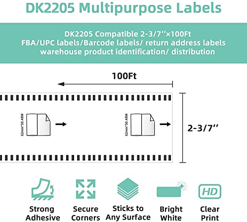 JinyaPack 8 Rolls DK 2205 Continuous Length Paper Tape Labels Replacement for Brother DK-2205 Use with Brother QL Label Printers [8 Rolls + 1 Frame]