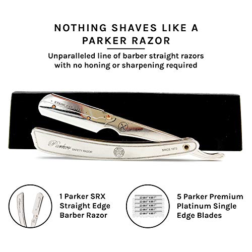 Parker SRX 100% Stainless Steel Straight Edge Professional Barber Razor & 5 Parker Premium Half Blades