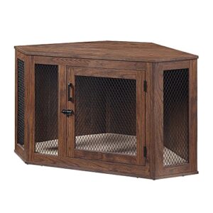 unipaws furniture corner dog crate with cushion, dog kennel with wood and mesh, dog house, pet crate indoor use, walnut, medium