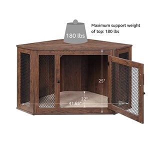 unipaws Furniture Corner Dog Crate with Cushion, Dog Kennel with Wood and Mesh, Dog House, Pet Crate Indoor Use, Walnut, Medium