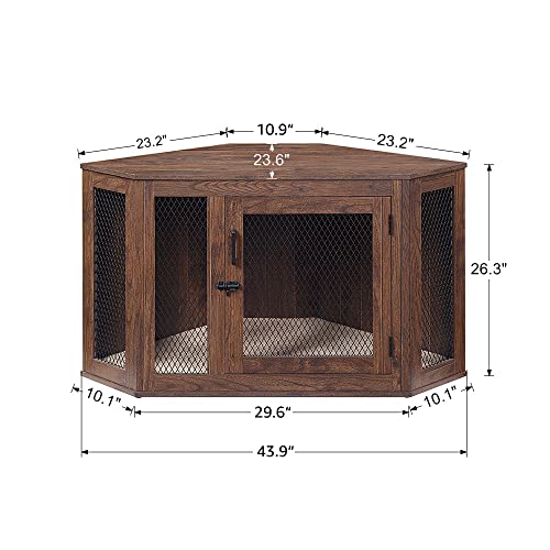 unipaws Furniture Corner Dog Crate with Cushion, Dog Kennel with Wood and Mesh, Dog House, Pet Crate Indoor Use, Walnut, Medium