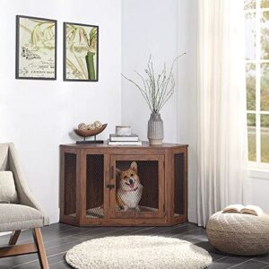 unipaws Furniture Corner Dog Crate with Cushion, Dog Kennel with Wood and Mesh, Dog House, Pet Crate Indoor Use, Walnut, Medium