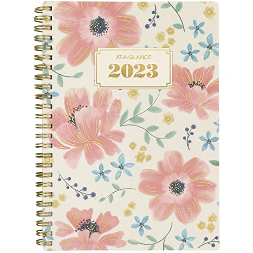 AT-A-GLANCE 2023 Weekly & Monthly Planner, 5-1/2" x 8-1/2", Small, Monthly Tabs, Pocket, Badge Floral (1641F-200)