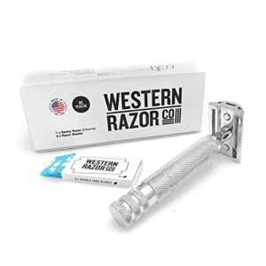 western razor premium safety razor, made in usa, with 5 refill blades, chrome