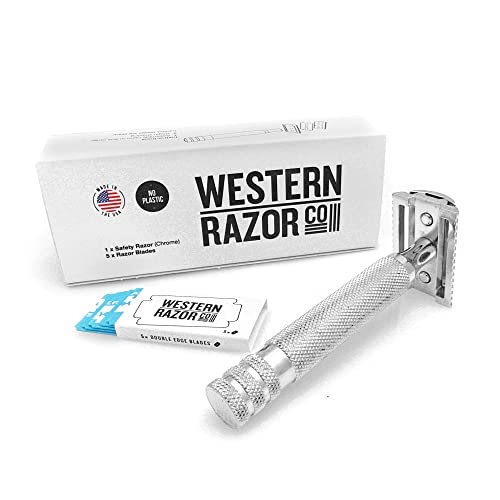 Western Razor Premium Safety Razor, MADE IN USA, with 5 Refill Blades, Chrome