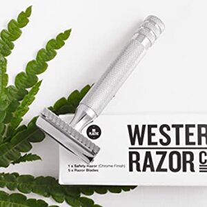 Western Razor Premium Safety Razor, MADE IN USA, with 5 Refill Blades, Chrome