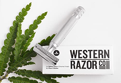 Western Razor Premium Safety Razor, MADE IN USA, with 5 Refill Blades, Chrome