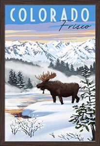 frisco, colorado, moose, winter scene (24×36 giclee fine art print, recycled wood frame, espresso brown)