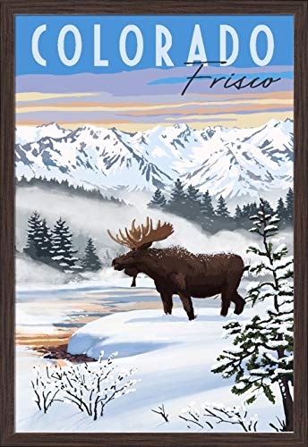 Frisco, Colorado, Moose, Winter Scene (24x36 Giclee Fine Art Print, Recycled Wood Frame, Espresso Brown)