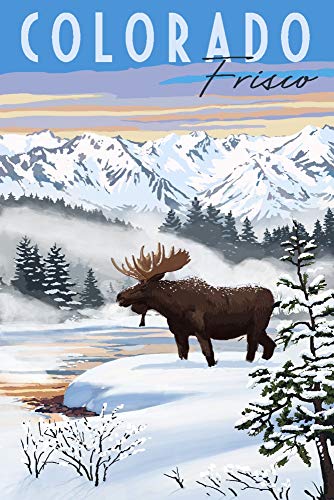 Frisco, Colorado, Moose, Winter Scene (24x36 Giclee Fine Art Print, Recycled Wood Frame, Espresso Brown)