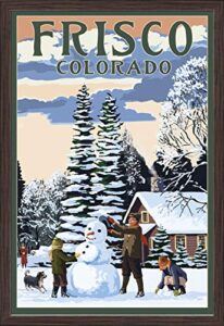 frisco, colorado, snowman scene (24×36 giclee fine art print, recycled wood frame, espresso brown)