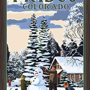 Frisco, Colorado, Snowman Scene (24x36 Giclee Fine Art Print, Recycled Wood Frame, Espresso Brown)