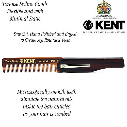 Kent 20T Handmade Folding Pocket Comb for Men, Fine Tooth Hair Comb Straightener for Everyday Grooming Styling Hair, Beard or Mustache, Use Dry or with Balms, Saw Cut Hand Polished, Made in England