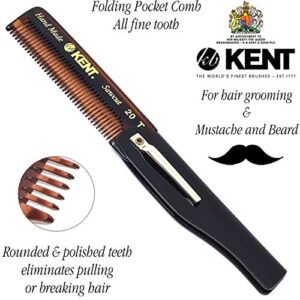 Kent 20T Handmade Folding Pocket Comb for Men, Fine Tooth Hair Comb Straightener for Everyday Grooming Styling Hair, Beard or Mustache, Use Dry or with Balms, Saw Cut Hand Polished, Made in England