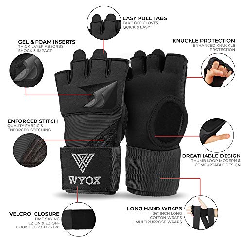 WYOX Gel Quick Hand Wraps for Boxing MMA Kickboxing - EZ-Off & On - Padded Knuckle with Wrist Wrap Protection for Men Women Youth (Black, S-M)