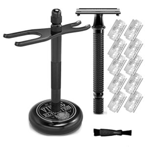 long handle double edge safety razor – butterfly open razor with 10 japanese stainless steel double edge blades and black safety razor stand