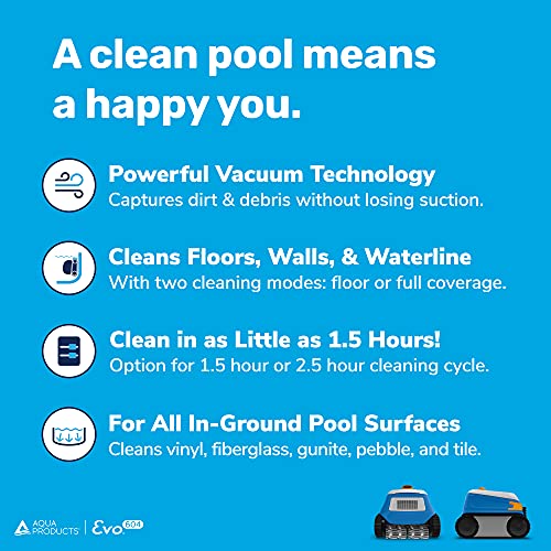 Aqua Products Evo604 Robotic Pool Cleaner, Automatic Vacuum for Inground Pools up to 50ft, 60ft Cable with Swivel, Wall Climbing Vac w/Strong Suction & Easy to Clean Top Loading Filter