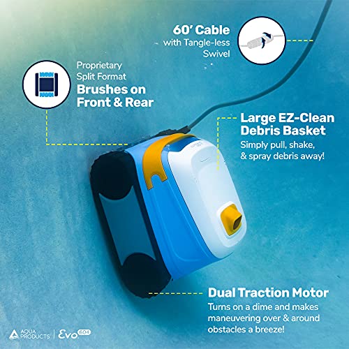 Aqua Products Evo604 Robotic Pool Cleaner, Automatic Vacuum for Inground Pools up to 50ft, 60ft Cable with Swivel, Wall Climbing Vac w/Strong Suction & Easy to Clean Top Loading Filter