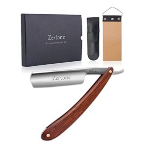 zertone straight razor kit with strop – straight edge razor natural wood scale – sharp, high hardness carbon steel cutthroat straight edge blade, vintage wood handle, barber razor