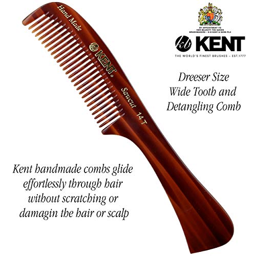 Kent 14T Large all Coarse Hair Detangling Comb, Wide Teeth for Long Thick Curly Wavy Hair. Hair Detangler Comb For Wet and Dry. Rake Comb Saw-Cut from Cellulose and Hand Polished, Handmade in England