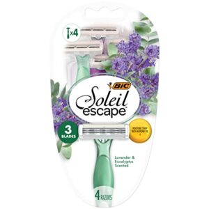 bic soleil escape women’s disposable razors, 3 blade razor, moisture strip with 100% natural almond oil, lavender and eucalyptus scented handles, 4 pack disposable razors for women