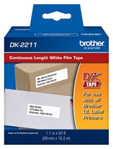 brother genuine dk-2211 continuous length black on white film tape for brother ql label printers, 1.1″ x 50′ (29mm x 15.2m), 1 roll per box, dk2211