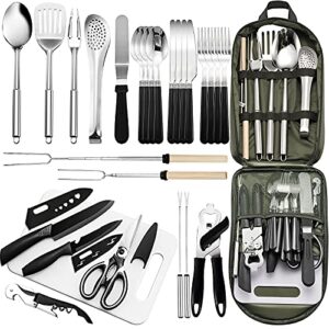 portable camping kitchen utensil set-27 piece cookware kit, stainless steel outdoor cooking and grilling utensil organizer travel set perfect for travel, picnics, rvs, camping, bbqs, parties and more