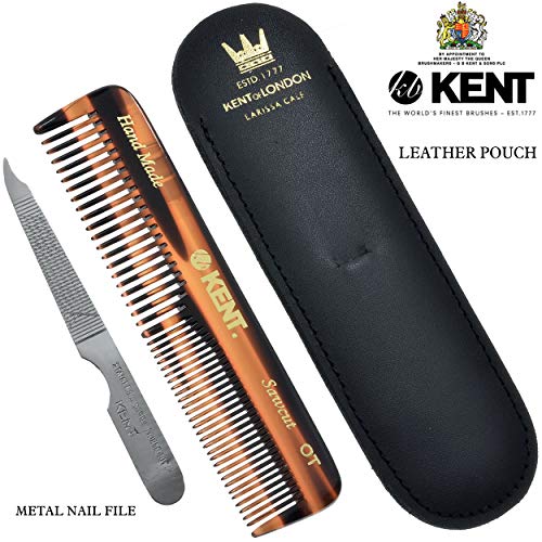 Kent NU19 Gift Set, with OT Fine Tooth/Wide Tooth Pocket Comb for Hair, Mustache and Beard for Men, Women and Kids. Travel Set with Leather Pouch and Stainless Steel Nail File. Handmade in England