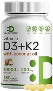 vitamin d3 10,000 iu + k2 mk7 200 mcg, infused with virgin coconut oil, 180 softgels, double strength vitamin d & k, promotes heart, bone & teeth health – very easy to swallow