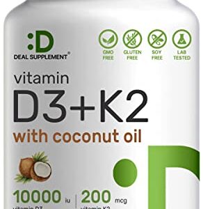 Vitamin D3 10,000 IU + K2 MK7 200 mcg, Infused with Virgin Coconut Oil, 180 Softgels, Double Strength Vitamin D & K, Promotes Heart, Bone & Teeth Health - Very Easy to Swallow