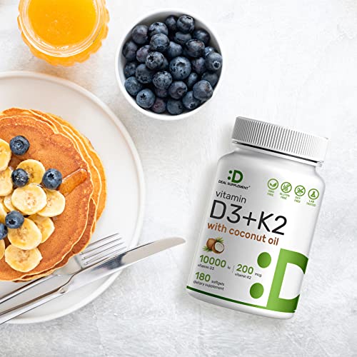 Vitamin D3 10,000 IU + K2 MK7 200 mcg, Infused with Virgin Coconut Oil, 180 Softgels, Double Strength Vitamin D & K, Promotes Heart, Bone & Teeth Health - Very Easy to Swallow