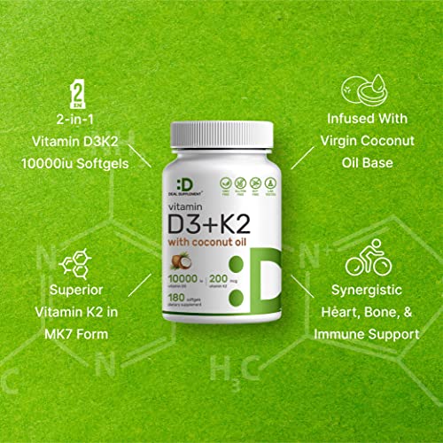 Vitamin D3 10,000 IU + K2 MK7 200 mcg, Infused with Virgin Coconut Oil, 180 Softgels, Double Strength Vitamin D & K, Promotes Heart, Bone & Teeth Health - Very Easy to Swallow