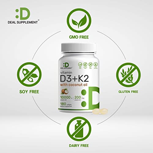 Vitamin D3 10,000 IU + K2 MK7 200 mcg, Infused with Virgin Coconut Oil, 180 Softgels, Double Strength Vitamin D & K, Promotes Heart, Bone & Teeth Health - Very Easy to Swallow