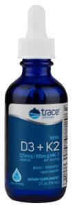 trace minerals | liquid ionic vitamin d3 + k2 | 125 mcg (5,000 iu) d3, 100 mcg k2 | concentrated dietary supplement | support strong bones, teeth, heart health, and immunity | 2 fl oz. 296 servings