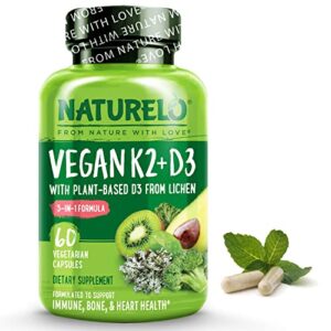 naturelo vegan k2+d3 – plant based d3 from lichen – natural d3 supplement for immune system, bone support, joint health – whole food – vegan – non-gmo – gluten free (60 count (pack of 1))