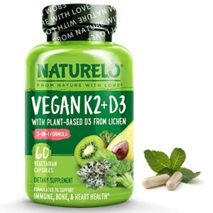 NATURELO Vegan K2+D3 - Plant Based D3 from Lichen - Natural D3 Supplement for Immune System, Bone Support, Joint Health - Whole Food - Vegan - Non-GMO - Gluten Free (60 Count (Pack of 1))