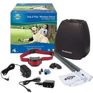 petsafe stay & play wireless pet fence for stubborn dogs – no wire to bury – covers 3/4-acre yard – for hard-to-train dogs 5 lbs. & up – portable – from the parent company of invisible fence brand