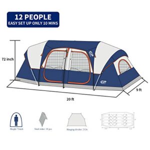 CAMPROS Tent-12-Person-Camping-Tents, Waterproof Windproof Family Tent with Top Rainfly, 6 Large Mesh Windows, Double Layer, Easy Set Up, Portable with Carry Bag, for All Seasons - Blue